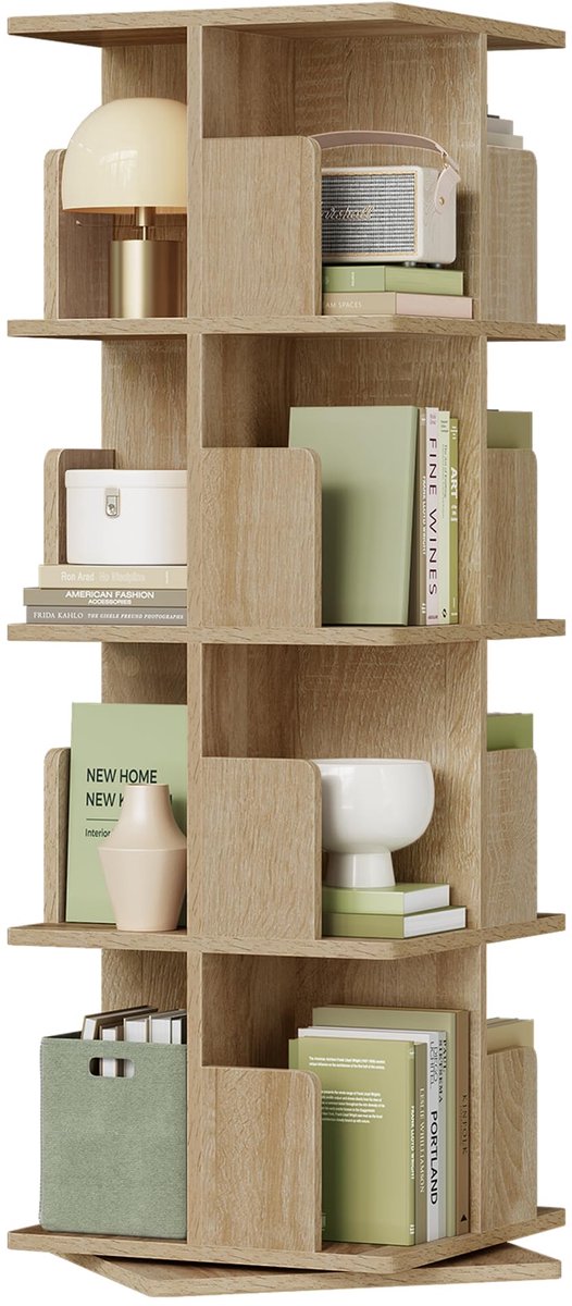 Famanu – Draaibare boekenkast als ruimteverdeler, staand rek met 4 etages, 360 graden draaibaar, MDF, naturel, 40 x 129 x 40 cm