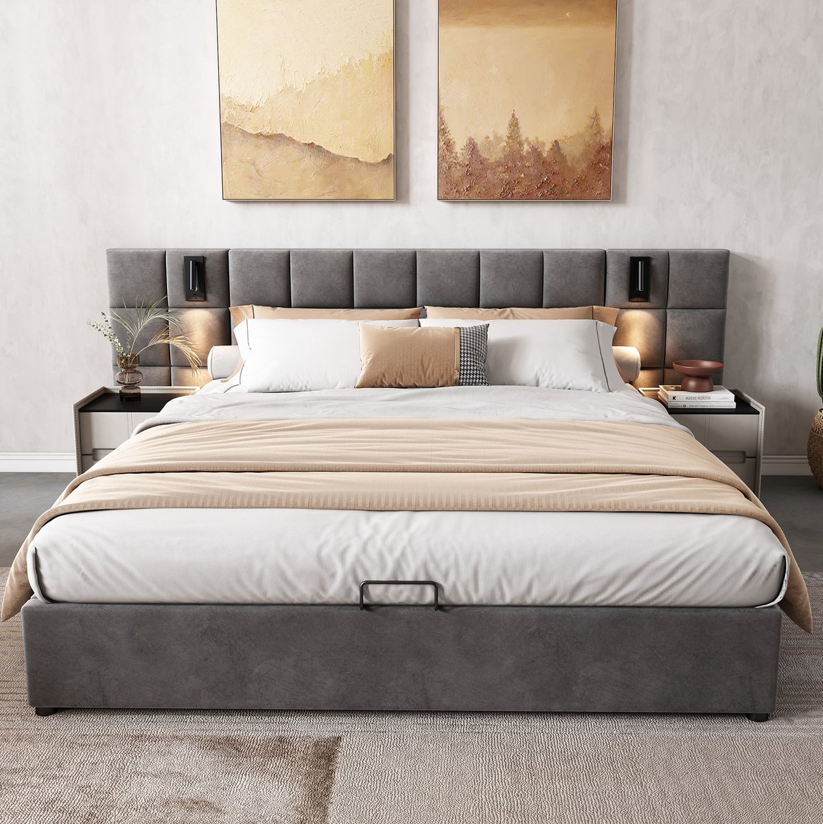 Wishdor Bed met opbergruimte en leeslamp - Hydraulisch tweepersoonsbed met USB-aansluiting - Zachte stof - Grijs - 180x200 cm - 268 x 206 cm