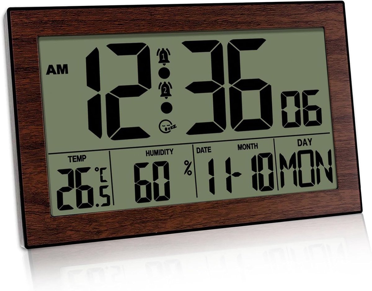 Digitale Wandklok - Bruin - 1 - Met Temperatuur- en Vochtigheidsweergave - Voor Slaapkamer en Kantoor