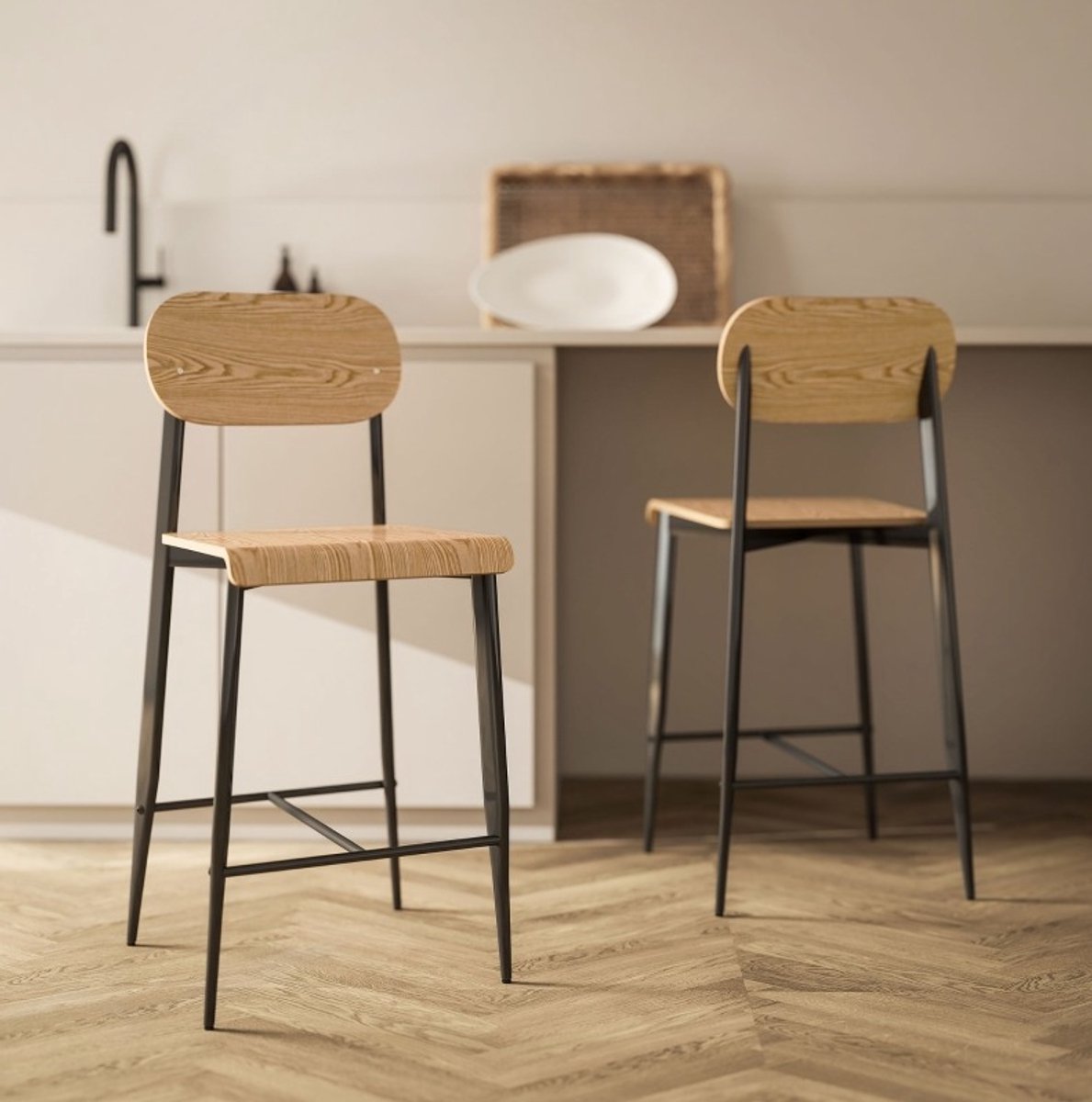 OKWISH Barkruk 2er Set - Met Rugleuning En Voetsteun - Industrieel Voor Keuken En Bar - Hout En Metaal - Naturel Hout En Zwart