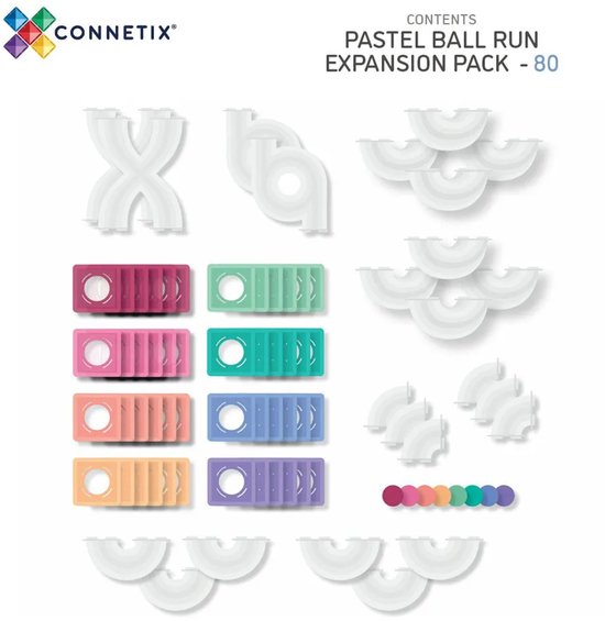 Onderdelen van het Connetix Pastel Ball Run Expansion Pack: witte buizen en pastelkleurige magnetische tegels.
