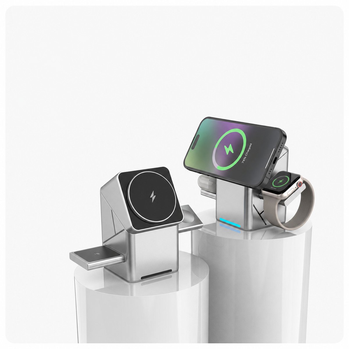 OUYLAF 3-in-1 Draadloze oplader - 15W snellader - Voor het gelijktijdig opladen van 3 apparaten - Met Touchbediening, draaifunctie en sfeerverlichting - Geschikt voor iWatch、Oortjes/Smartphones met draadloze oplaadfunctie - Draadloos Qi Station - Wit