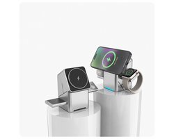 OUYLAF 3-in-1 Draadloze Oplader Qi2.2 - Wireless Charger voor MagSafe - Geschikt voor Apple Watch Lader - Draadloze Oplader Geschikt voor iPhone -15W Snelladen - Automatische 90° Draaifunctie - Sfeerverlichting - Grijs