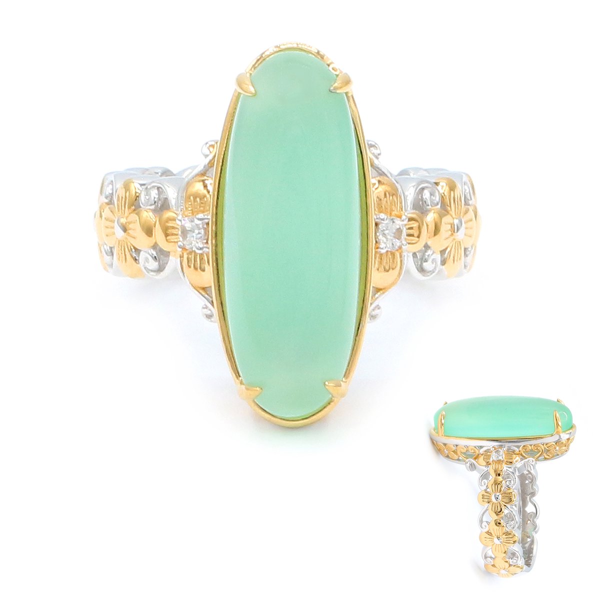 Cavill - Zilveren Ring met Lagune Chalcedoon 8,316 ct - 925 Sterling Zilver met Palladium - Ovale Cabochon met Zirkonia - Elegante Bloemmotief Ring