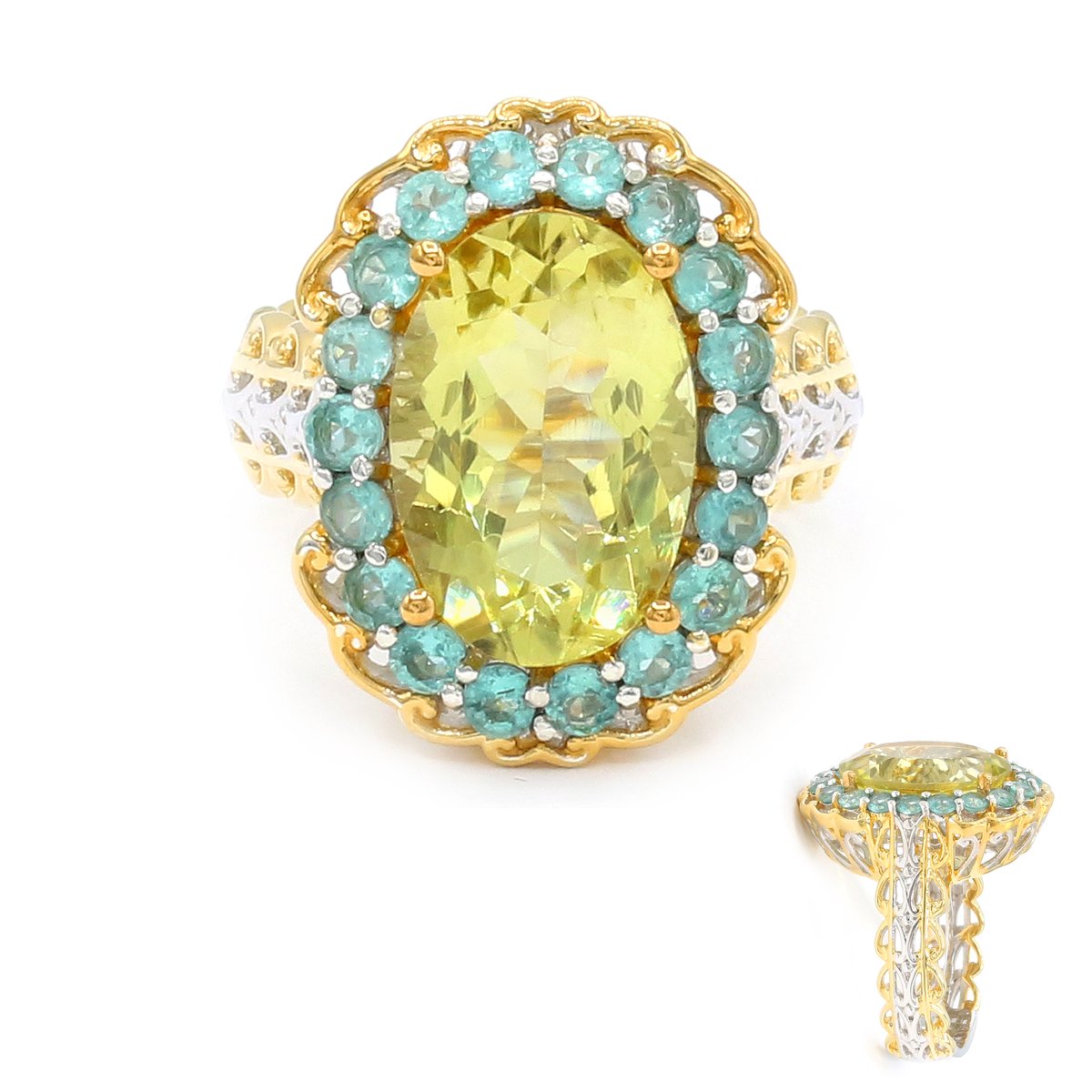 Cavill - Zilveren Ring met Ouro Verde Kwarts 5,4 ct - 925 Sterling Zilver Palladium - Ovale Groene Edelsteen - Luxe Avondring met Fluorapatiet 0,97 ct