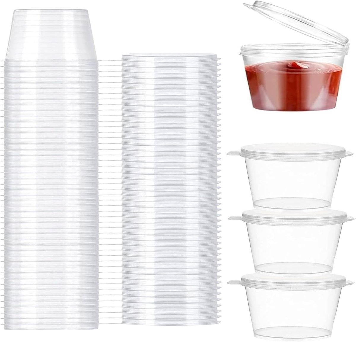 Opbergpotten met Deksel - Transparant - 100 ml - Voedselveilige Plastic Sauskopjes - Voor Sauzen en Dips