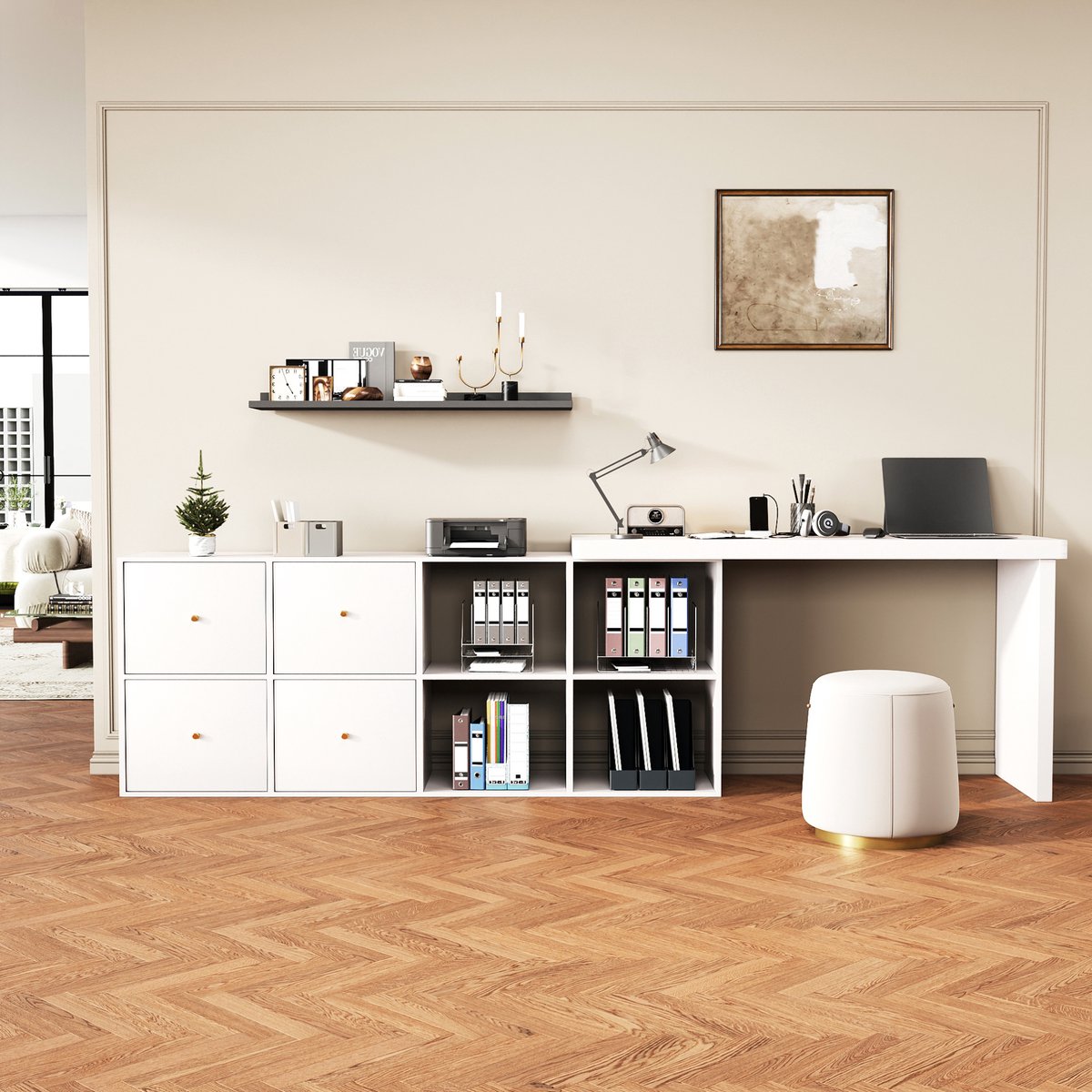 Wishdor Hoekbureau 360° draaibaar - L-vormig of recht - 4 laden en 4 vakken - Modern ontwerp - Kantoor homeoffice jeugdkamer - MDF - Wit - 140 x 48 x 78 cm