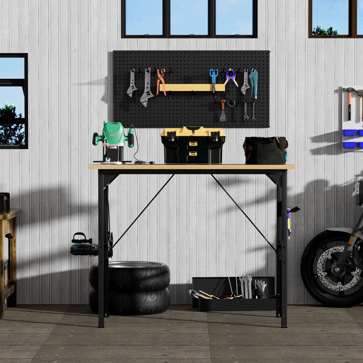 Wishdor Werkbank - Hoogte verstelbaar - Met wielen en stroomaansluitingen - Industrieel design - Garage werkplaats kantoor - Hout en metaal - Zwart naturel - 120 x 60 x 155,5 cm