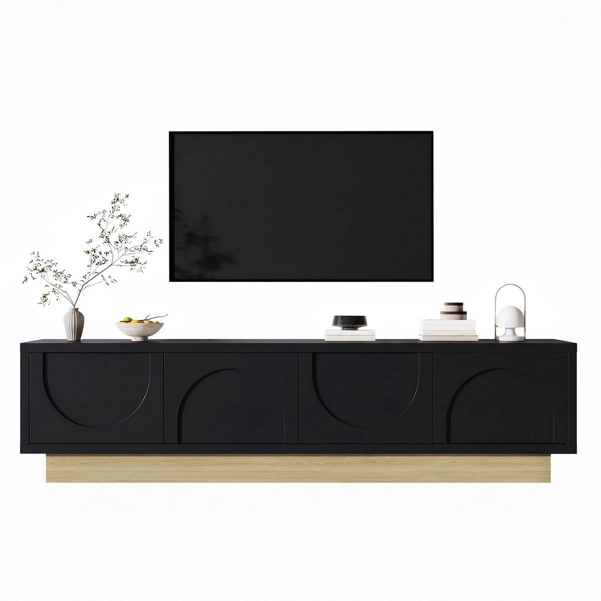 Merax Televisiemeubel 175 cm - Zwart met houtkleurige sokkel - 4 deuren - Drukopening - Kabeldoorvoer - Veel opbergruimte
