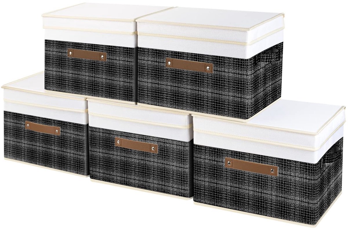 Dailygoods- Opbergdoos met Deksel - Opvouwbaar - Hoogwaardig Polyester - Set van 5 - 38x25x25 cm - Patchwork Patroon - Duurzaam en Onderhoudsvriendelijk - Opbergbak