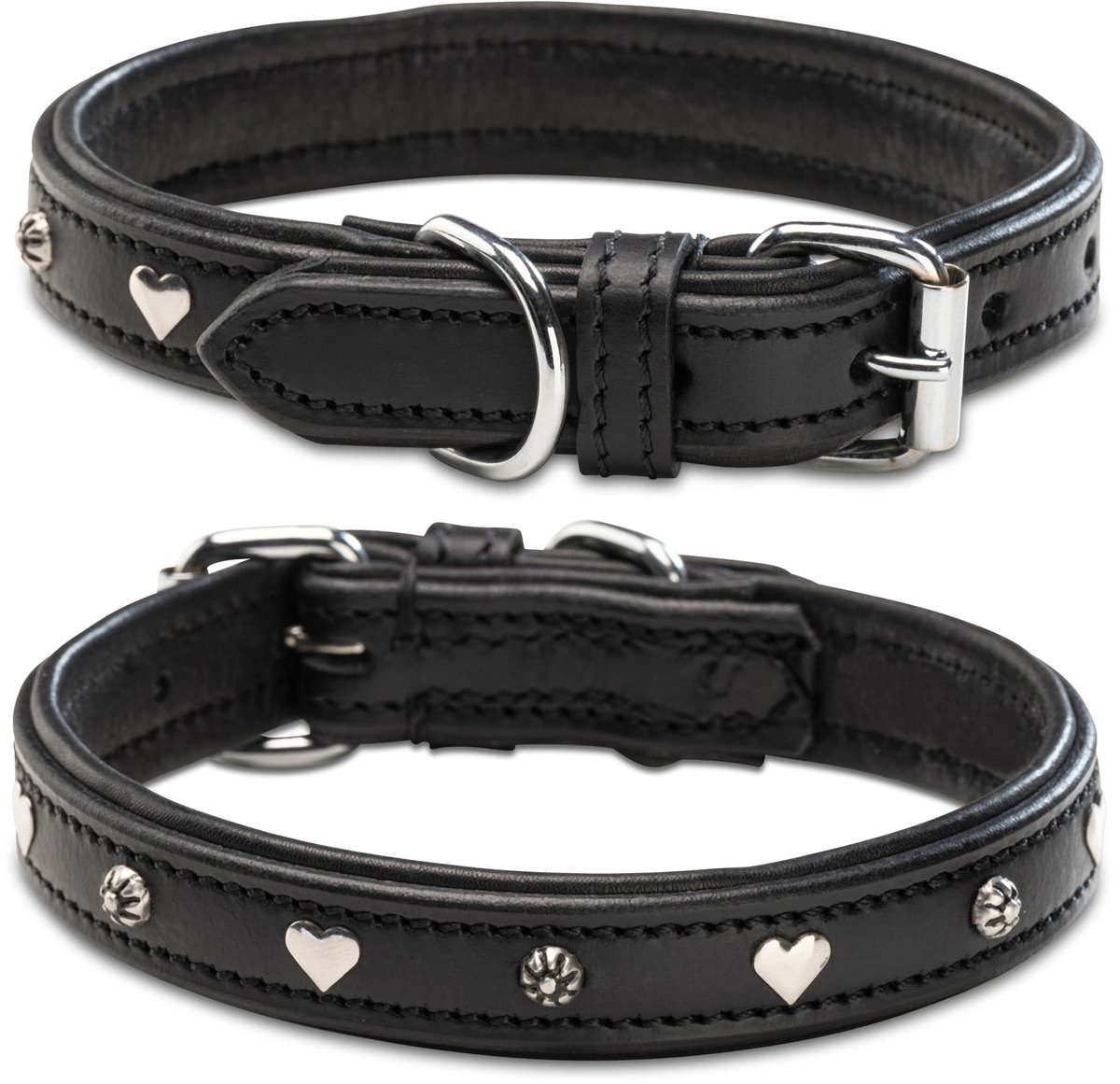 Dailygoods- Hondenhalsband Lederen - Dubbellaags Echte Lederen Halsband - Robuust Buffelleer - Zacht Rundleer - Roestvrij Stalen Gesp - Hart/Bloem Applicaties