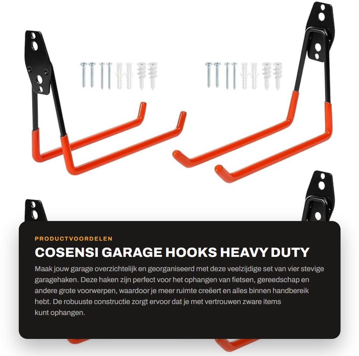 Dailygoods- Garagehaken Heavy Duty - Opberghaken Garage - Dubbele Haken - Gereedschap Houder - 4 Stuks - Staal en PVC - 19x14,5x5cm - Opberghaak