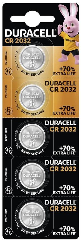 Verpakking van 5 Duracell CR2032 lithium knoopcelbatterijen met een roze konijn.