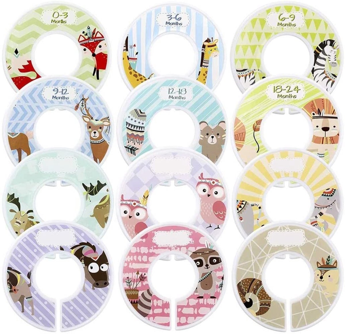 Dailygoods- Baby Kledingkast Scheidingswanden 12 Stuks - Organizer - Kledingverdelers - Leeftijdslabels 0-24 Maanden - Diermotieven - Hoogwaardig Kunststof - Kledingverdeler