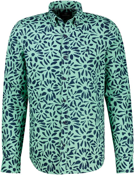 Mintgroen overhemd met lange mouwen en donkerblauwe bloemenprint, knoopsluiting, kraag met knopen.