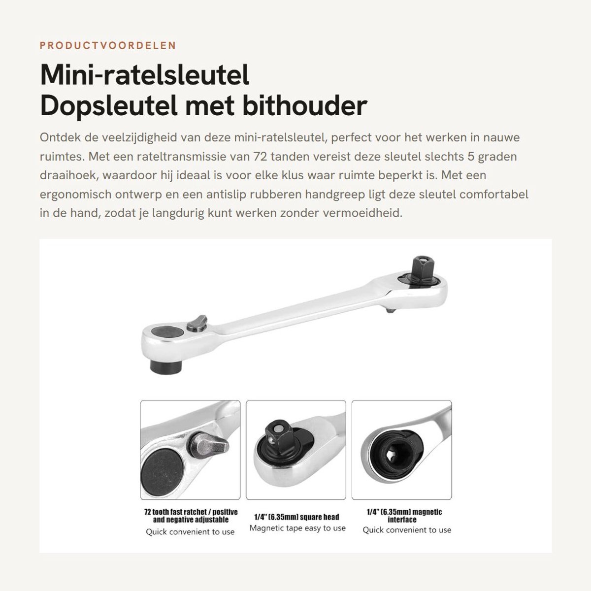 Dailygoods- Ratelsleutel 1/4 inch - Dopsleutel met bithouder - Ergonomisch ontwerp - Antislip handgreep - 72 tanden - Schokdempend.