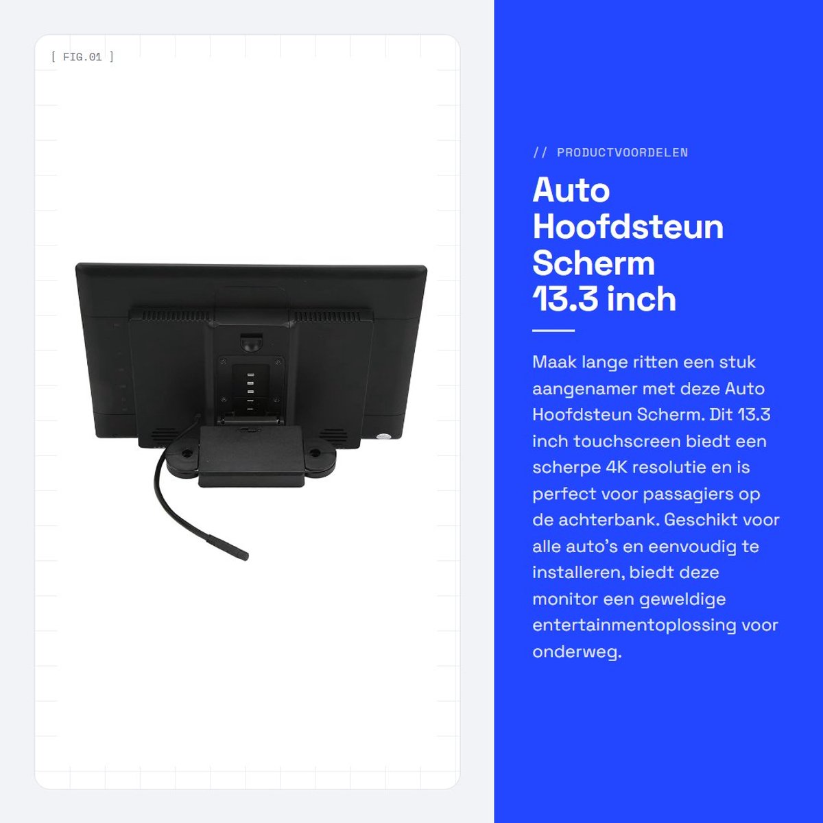 Dailygoods- Hoofdsteun Scherm 13,3 inch - 4K/1080P Touchscreen - Multimedia Speler - Geschikt voor Auto's - Vaste Installatie - Android 10.0 - Autodisplay