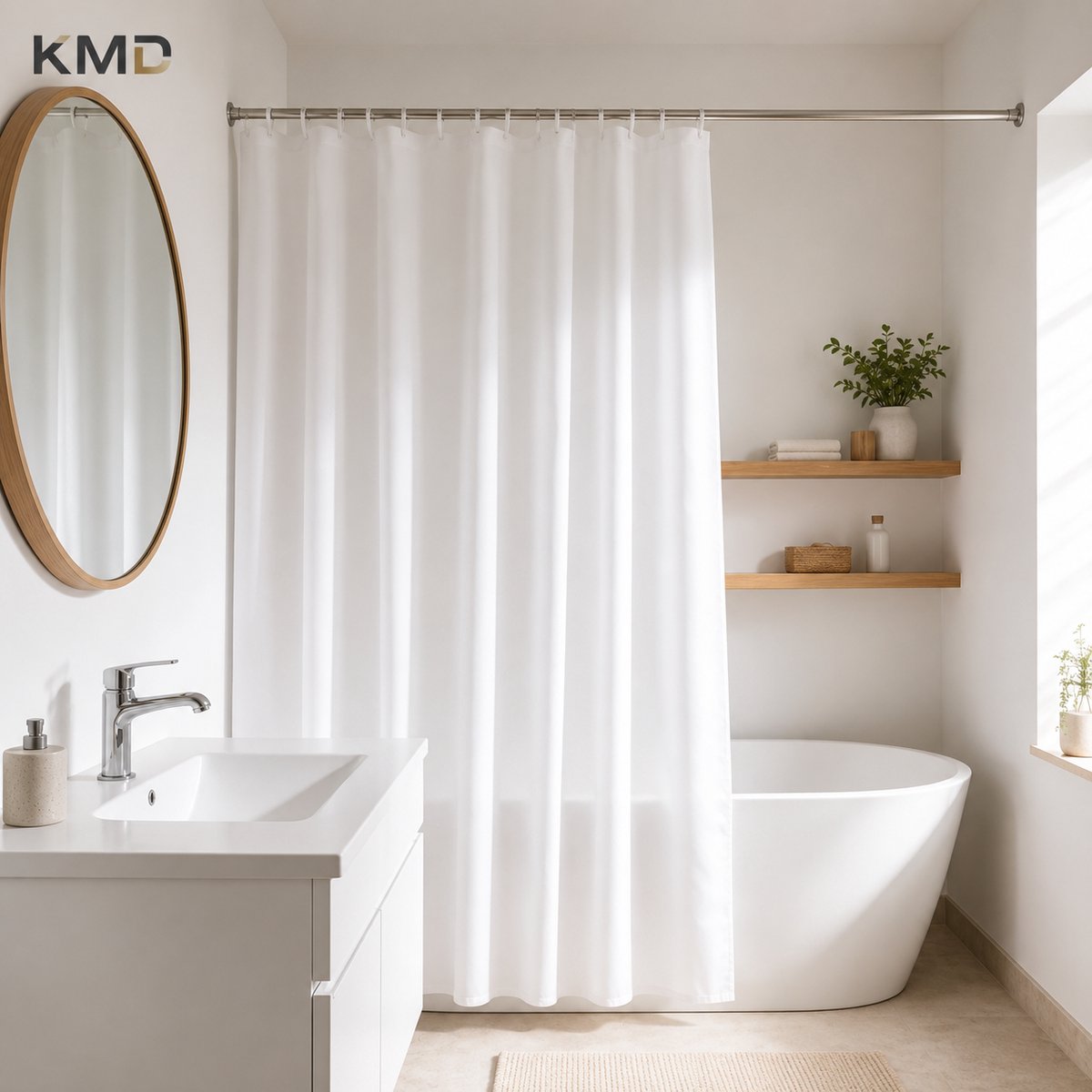 KMD Douchegordijn 210 x 180 cm Wit Polyester Waterafstotend met 12 Metalen Ringen
