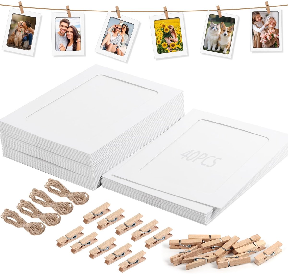 Dailygoods - Fotolijst van papier, 40 stuks, 12,7 cm, witte kartonnen slinger met 40 clips en touw, voor het ophangen van foto's met klemmen, voor thuis, school, kantoor, muur, doe-het-zelf