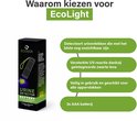 Verpakking van de EcoLight urine detector met een uitleg van de voordelen: detecteert urinevlekken, versterkte UV-reactie, veilig voor alle oppervlakken, werkt op 3x AAA batterij.