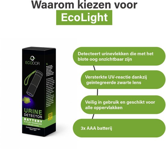 Verpakking van de EcoLight urine detector met een uitleg van de voordelen: detecteert urinevlekken, versterkte UV-reactie, veilig voor alle oppervlakken, werkt op 3x AAA batterij.