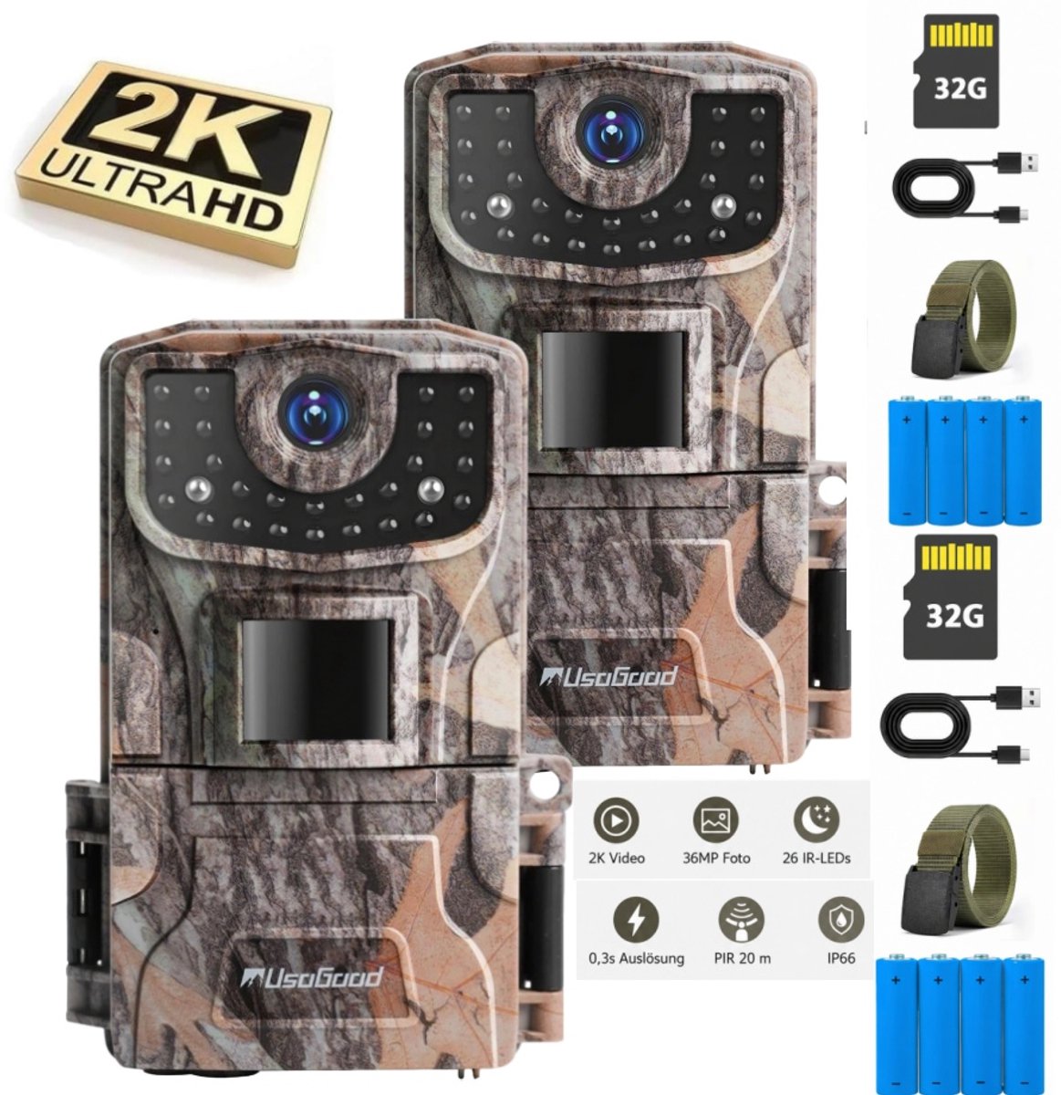 Wildcamera met Nachtzicht - Wildlife Camera - 36MP - IP66 Waterproof - Incl. 32GB SD-kaart - Geschikt Voor het Monitoren van Wilde Dieren - Geschikt Voor Buiten - 2PCS