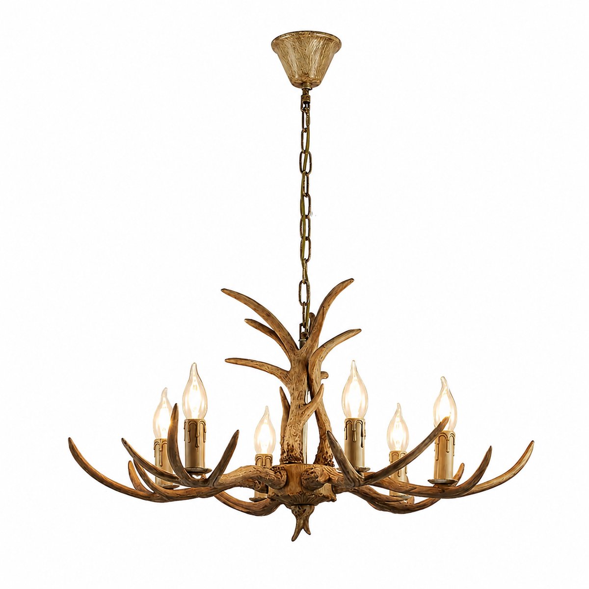 Sello! kroonluchter – hertengewei – hanglamp – retro – vintage – blikvanger – 6 lichtpunten – E14 fitting