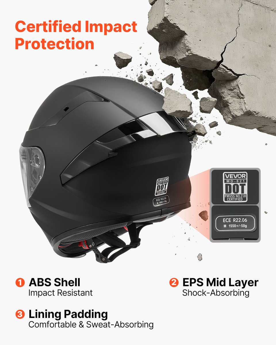 VEVOR Integraalhelm voor Motorrijders, Maat M, met Transparant Vizier, ECE 22.06 Gecertificeerd, Integraalhelm voor Mannen en Vrouwen, Integraalhelm met Bluetooth-Luidsprekercompartiment, Bromfietshelm, Zwart – foto 8