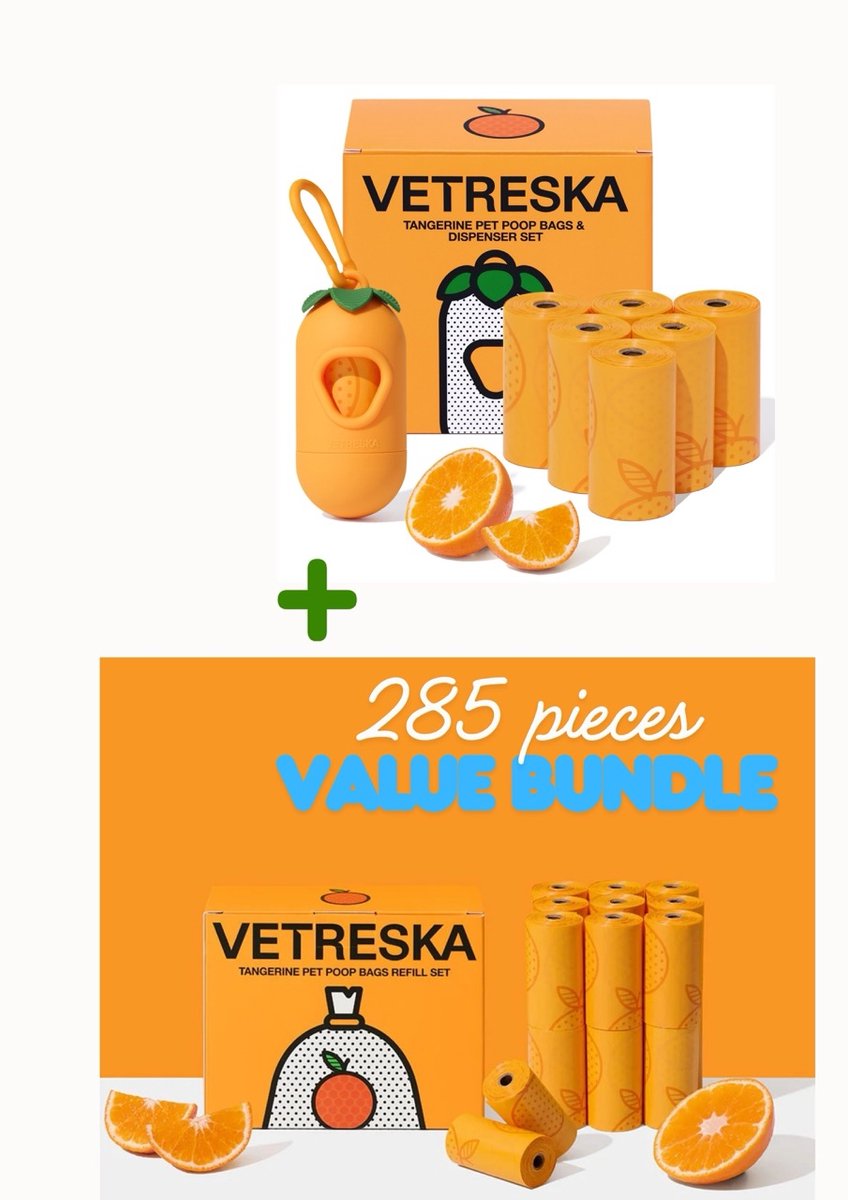 Vetreska - Mandarijn Poepzakjes & Dispenser Bundle (285 stuks) hondenpoepzakjes - Biologisch afbreekbaar - Citrusgeur