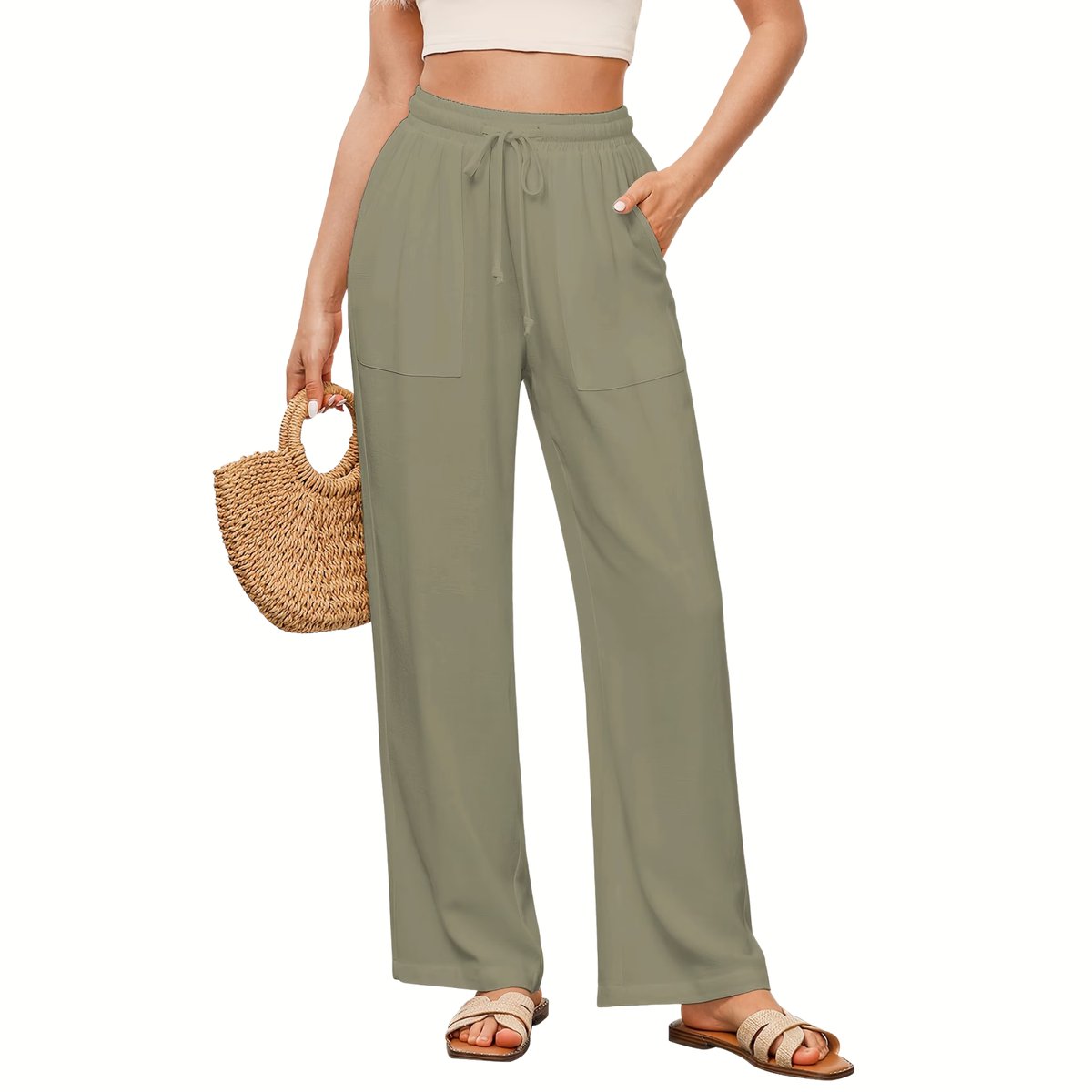 Currero Linnen Broek Dames Zomerbroek Volwassenen Lange Broek Pantalon Strandbroek Zomer Ibiza Stijl Olijfgroen