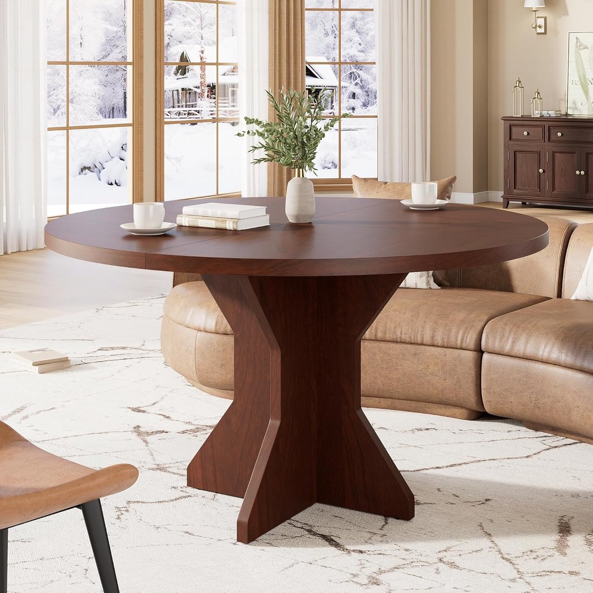 Eettafel Rond 120cm Voor 4-6 personen - 120x120x75cm - Ruimtebesparende eettafel - K-vormig onderstel - Bevestigingsmiddelen - Voor Eetkamer en Woonkamer - Walnootkleur