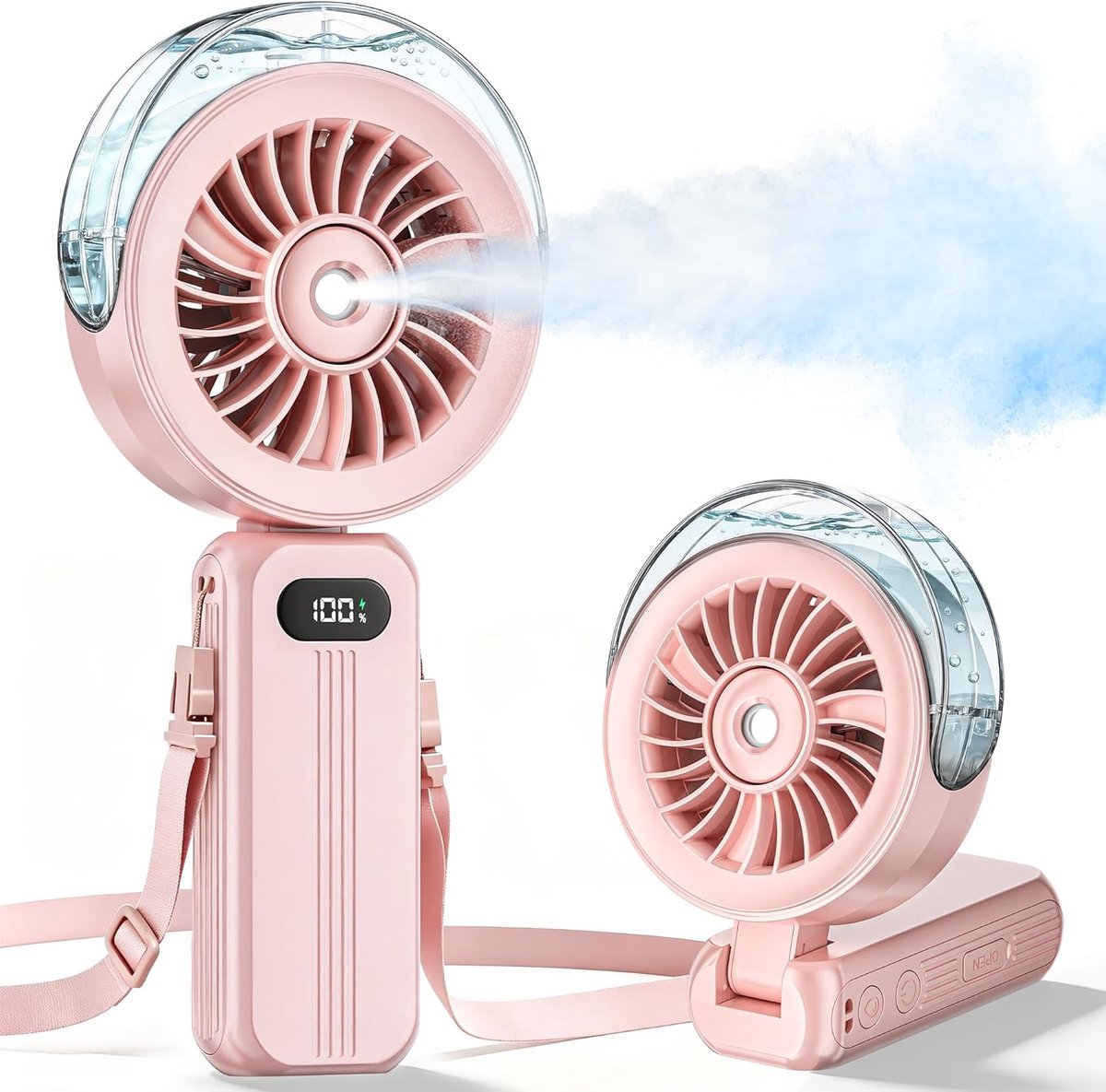 Draagbare handventilator met verneveling – Snelle, via USB oplaadbare ventilator – Met vernevelingsfunctie en led-display – 6000 mAh – Ook te gebruiken als opvouwbare bureauventilator – Ideaal voor op reis en buitengebruik – Roze