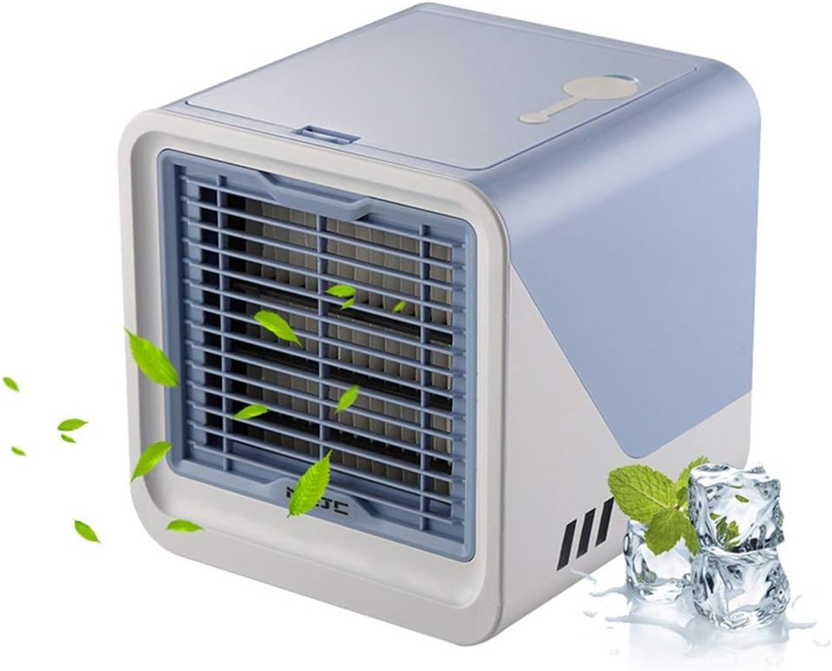 Draagbare luchtkoeler – 3-in-1 draagbare persoonlijke airconditioner – Watertank van 500 ml – 3 ventilatorsnelheden & ledverlichting in 7 kleuren – Ventilator met verdampingskoeling (USB-voeding) – Geschikt voor kamers, bureaus en kantoren – Blauw