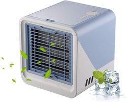 Draagbare luchtkoeler – 3-in-1 draagbare persoonlijke airconditioner – Watertank van 500 ml – 3 ventilatorsnelheden & ledverlichting in 7 kleuren – Ventilator met verdampingskoeling (USB-voeding) – Geschikt voor kamers, bureaus en kantoren – Blauw