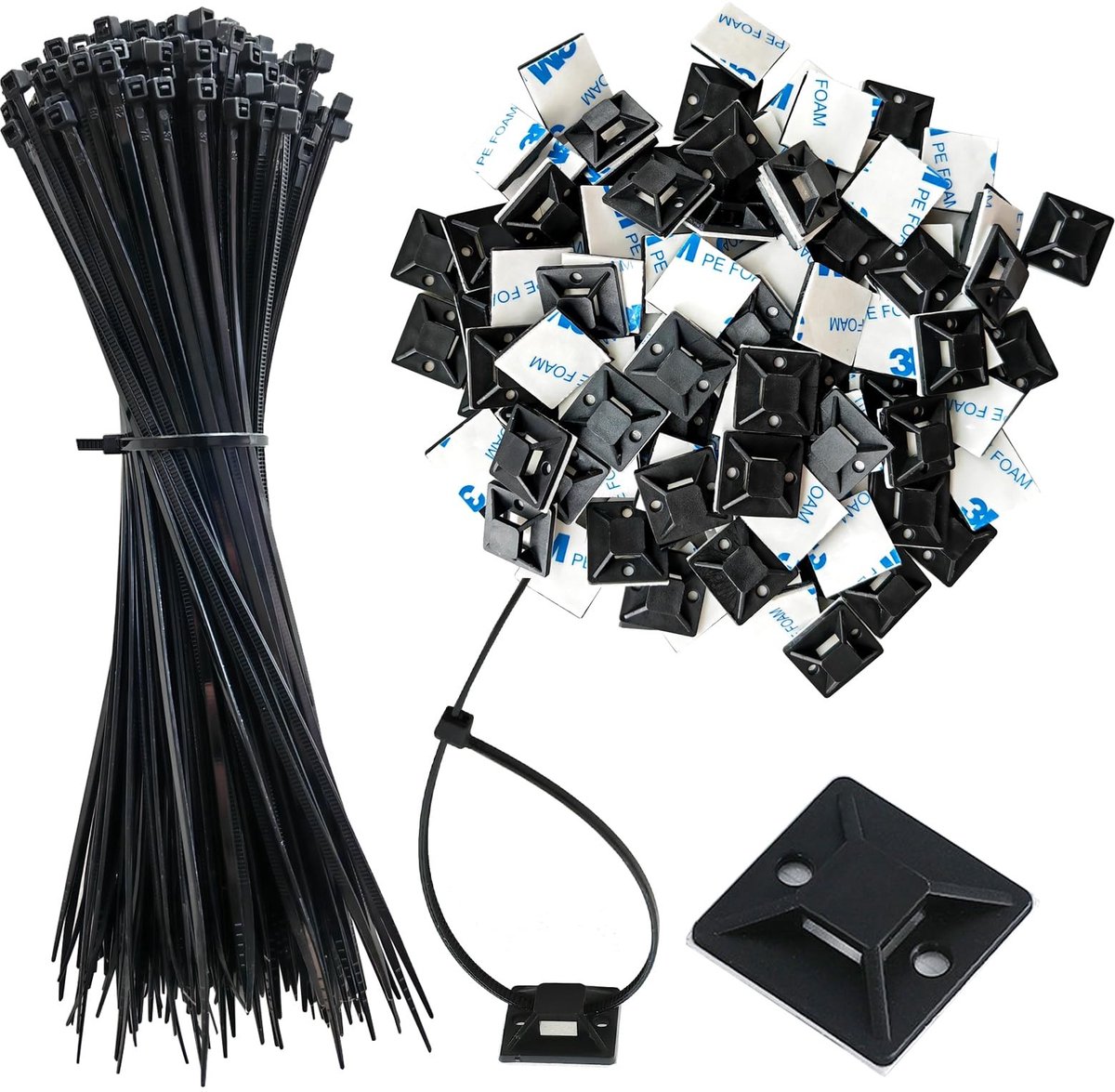 Dailygoods- Kabelbinders Set van 340 - Zelfklevende Kabelbinders - Kabelclips - Draadbeheerclips - Muurbinders - 19 x 19 mm / 200 x 2,5 mm - Sterk en Flexibel