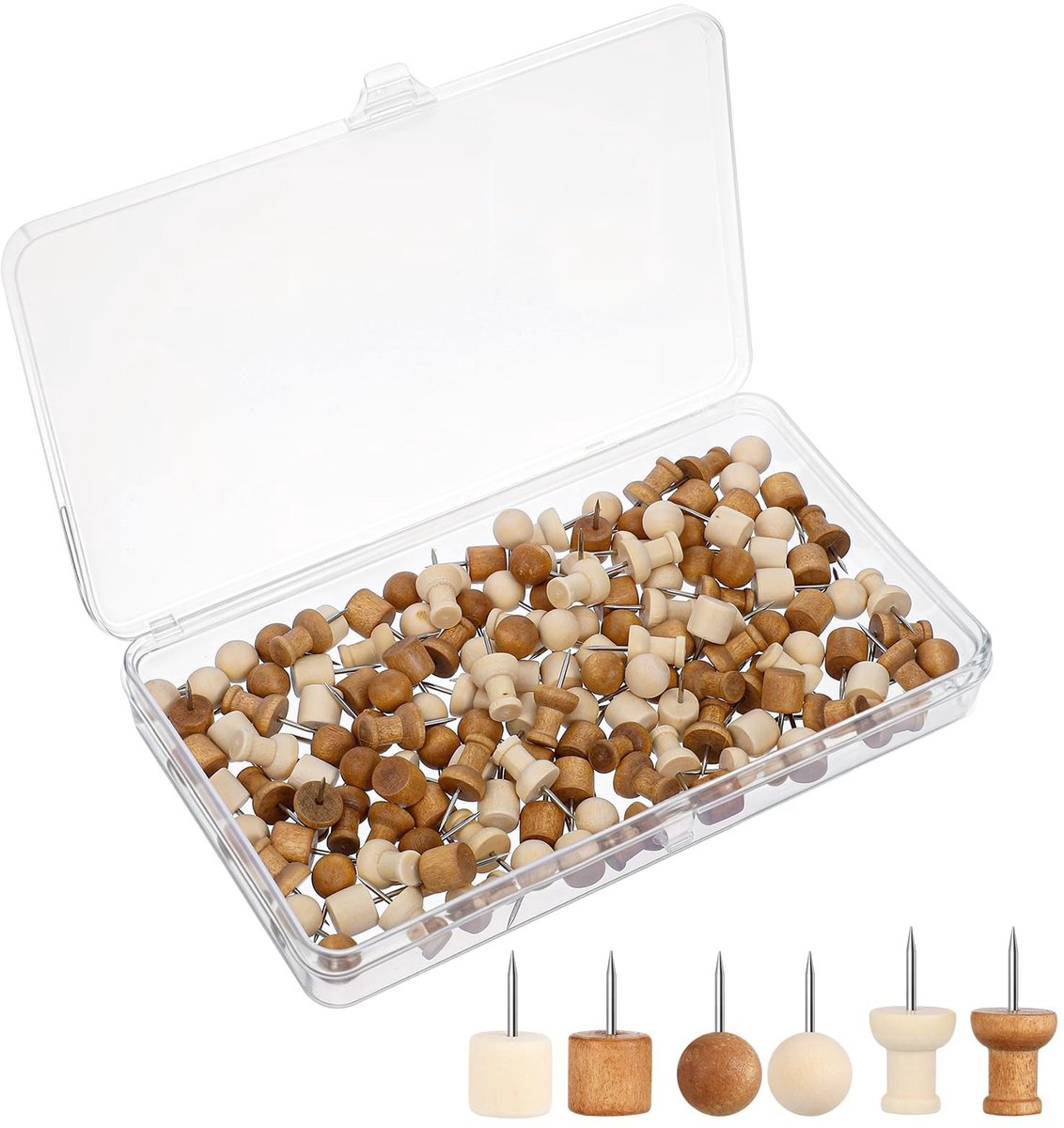 Dailygoods - 150 stuks houten punaises, 2 cm prikbord punaises met opbergdoos voor prikbord kantoor school thuis wereldkaart foto's kantoorbenodigdheden