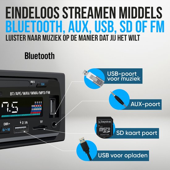 Strex Autoradio met Bluetooth 1 DIN - Voor Alle Auto's - USB AUX en Handsfree Bellen - Met Microfoon en Afstandsbediening