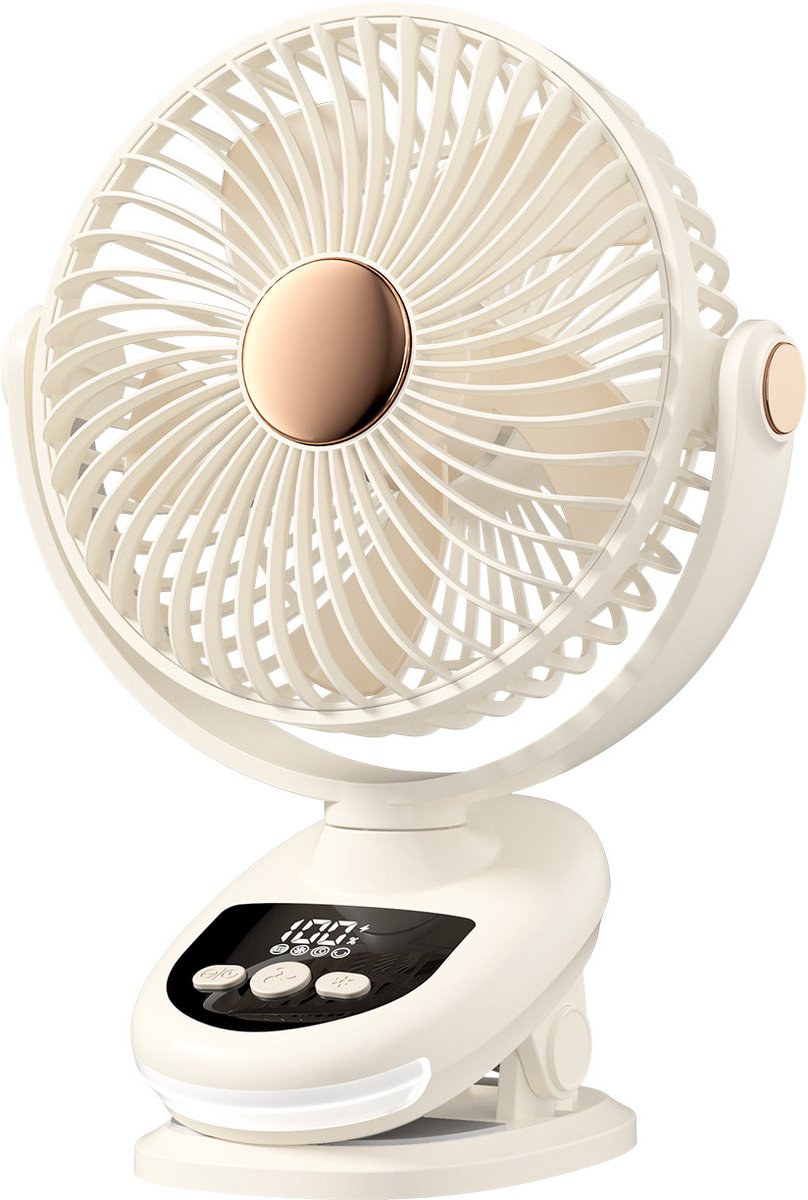 Draagbare clip-ventilator - 6000 mAh - Automatische oscillatie van 180° - Oplaadbare bureauventilator - Met ledverlichting en timer - 5 snelheidsstanden - Stille, compacte ventilator - Geschikt voor slaapkamer, thuis, kamperen en kinderwagens-Wit