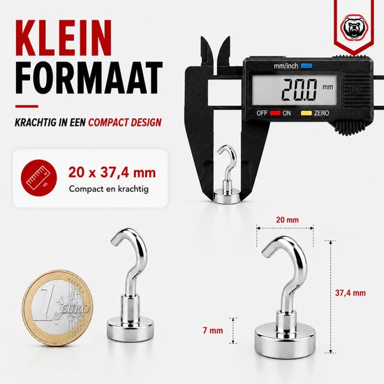 Kleine, krachtige magnetische haken met digitale schuifmaat, naast een euro munt, 20 x 37,4 mm.
