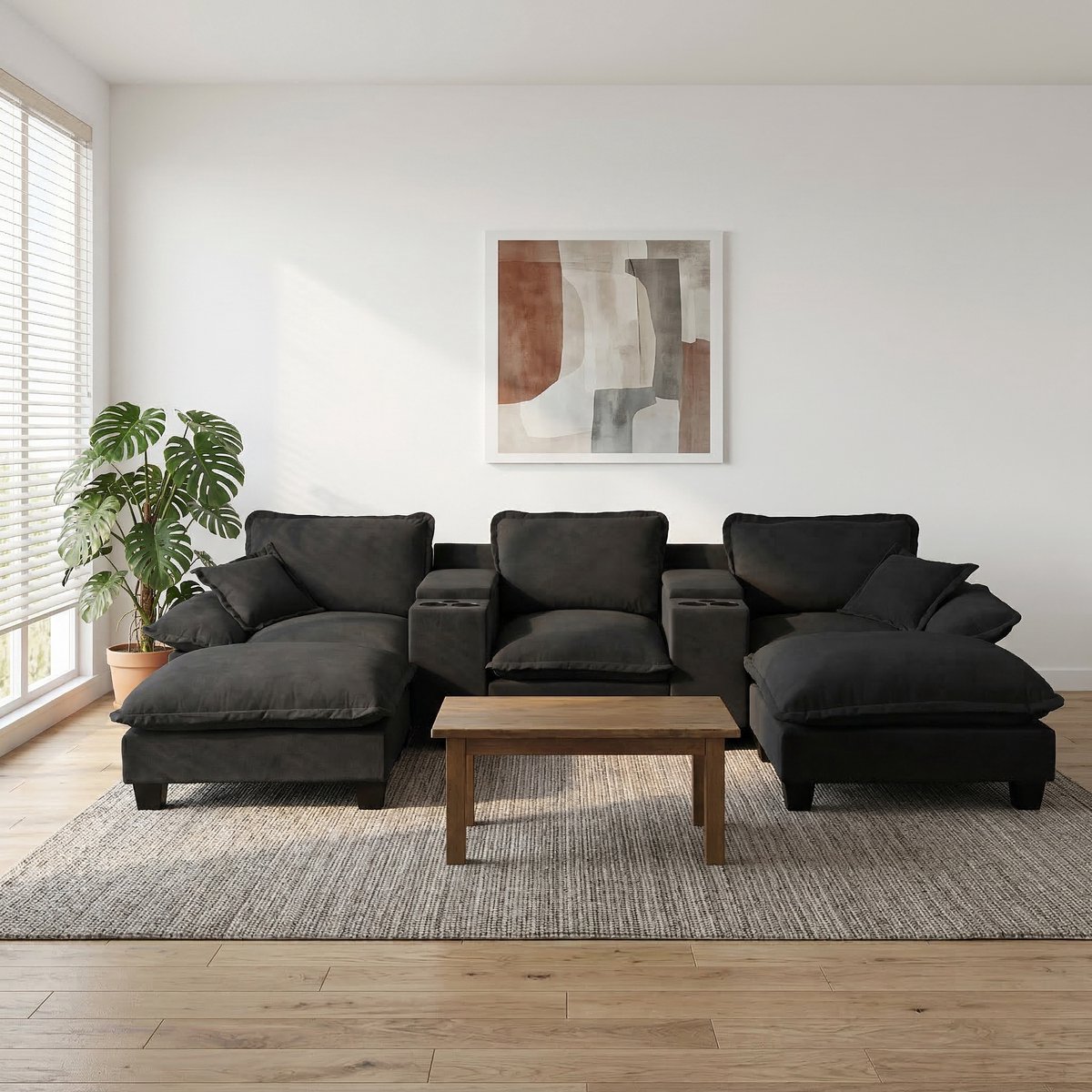 MIVRAY U-Bank 323x151x90 cm - Met Opbergruimte, USB En Bekerhouders - Voor Woonkamer En Appartement - Chenille Zwart
