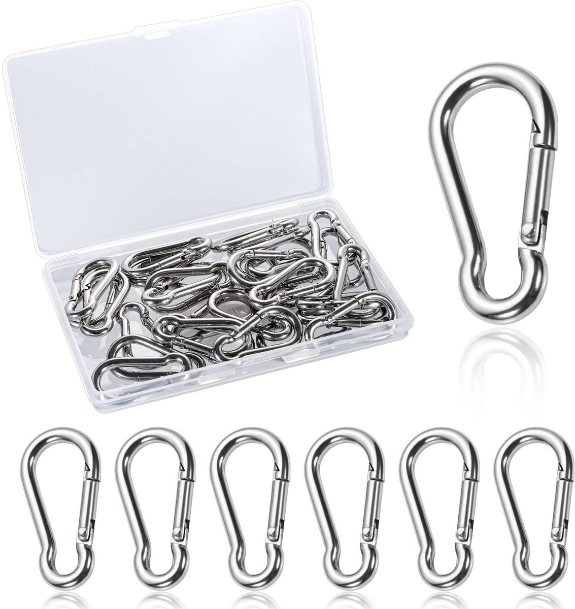 Dailygoods - 30 stuks karabijnhaken van roestvrij staal, 4 x 40 mm, kleine karabijnhaken, met opbergdoos, kliksluiting, karabijnhaak, klein, voor vissen, wandelen, rugzak (zilver)