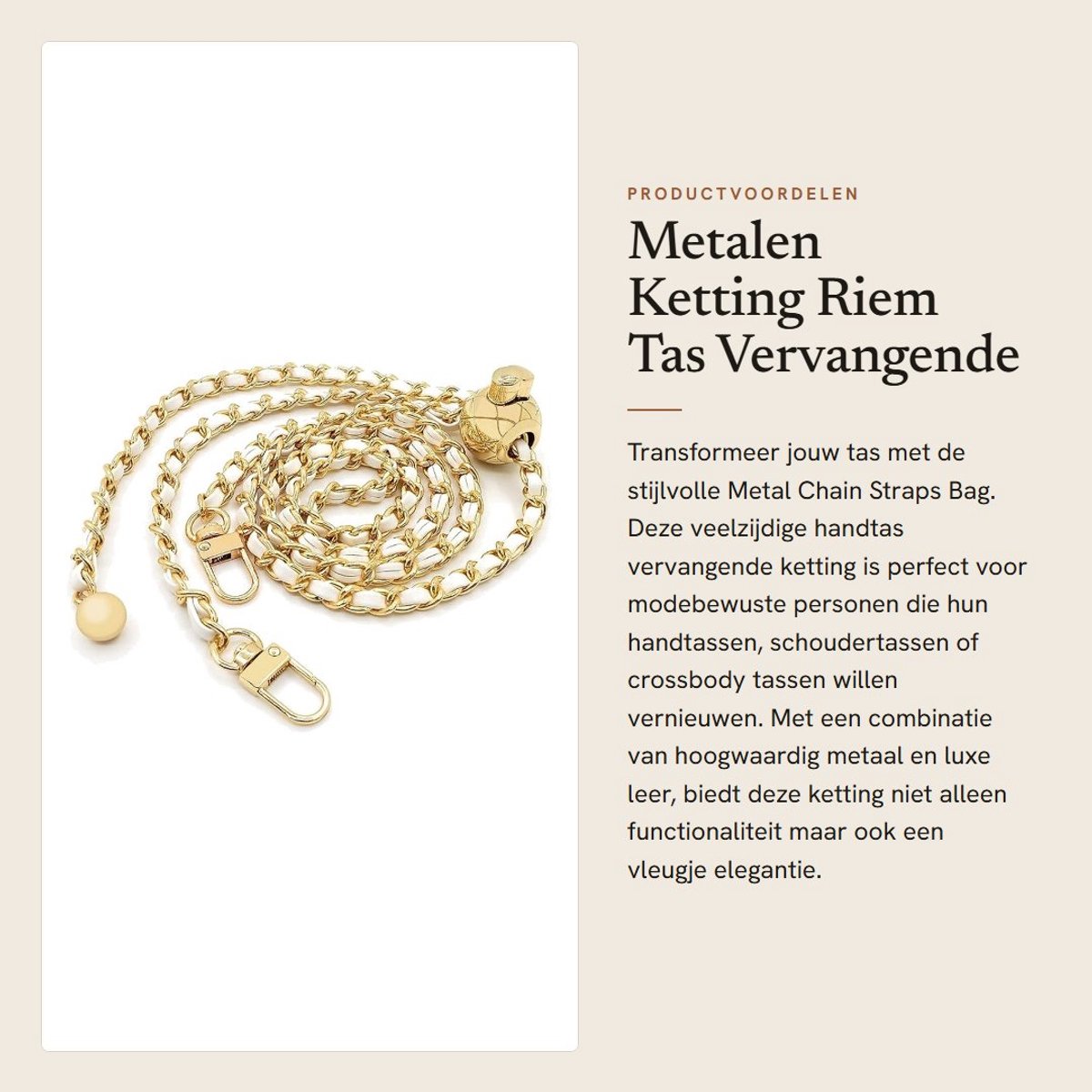 Dailygoods- Handtas Ketting Hoogwaardige Metaal/Leren - Verstelbare Ketting - Crossbody Bag - Schoudertas - Vervangingsketting - Duurzaam en Stevig - Handtasband