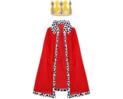 Dailygoods - AOOWU Koningscape voor volwassenen, Koningskostuum met Kroon, Rood Fluwelen Koninklijk Gewaad voor Dames Heren, Middeleeuwse Prins Koning Koningin Cape Manteljas voor Halloween Fancy Dress Cosplay Party Carnaval, 120cm