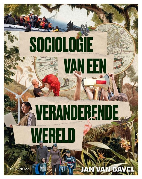 Boekomslag met de titel 'Sociologie van een veranderende wereld' en diverse collages van mensen en natuur.