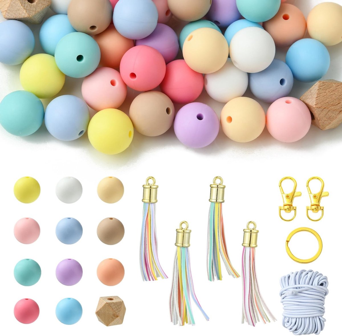 Dailygoods- Kralen Set - Ronde Siliconen & Achthoekige Houten Kralen - Sleutelhangers - PU Imitatie Lederen Kwastjes - Draaibare Kreeftklauw Sluitingen - Ambachtelijke Creaties