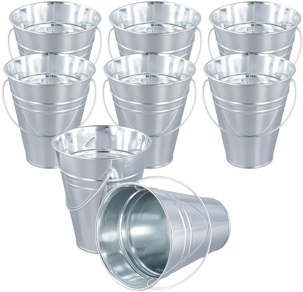 Dailygoods- Mini-Emmers Set van 8 - Kleine Blikken Emmers - Decoratieve Containers - Serveereemmers - Voor Snacks/Snoep - Afmetingen 11,5 x 6,5 x 12,8 cm - Serveeremmer