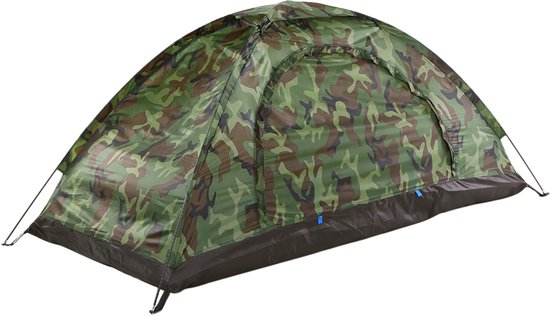 Legertent met camouflagepatroon en donkere basis, op een witte achtergrond.