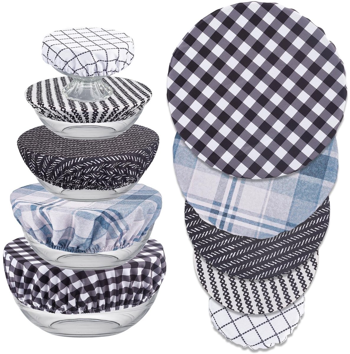 Dailygoods- Komhoezen 5 Stuks - Herbruikbare Katoenen Dekselhouder - Rekbare Deksel - Multicolour - 5 Maten 10/15/20/25/30 cm - Geruit Patroon