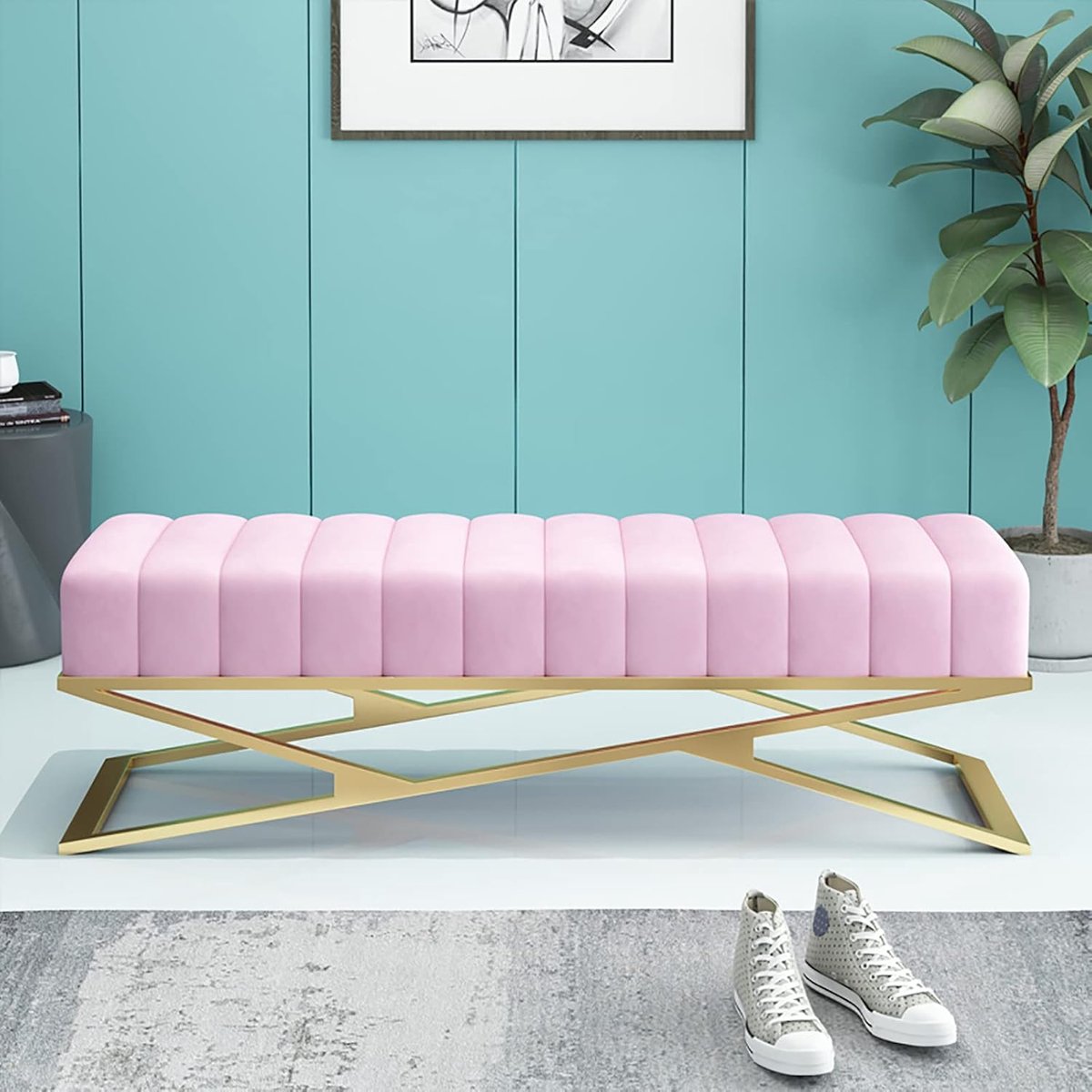 Gestoffeerde Bank - Ottomaanse Poef - Schoenen Opbergen - Fluwelen Design - 60x38x43cm - Roze