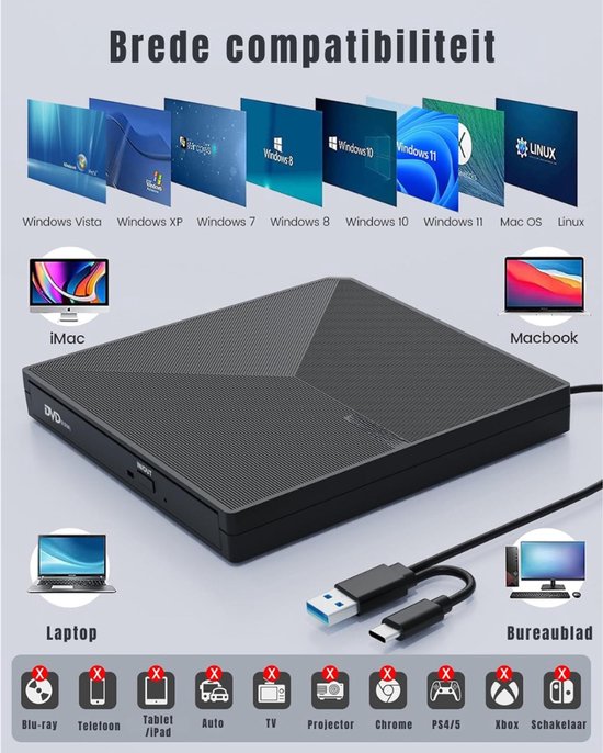 KAD® DVD Speler - USB 3.0 en Type-C - DVD Speler Laptop - DVD Brander - Zwart - 15cm x 15cm x 2cm van kad — afbeelding 5